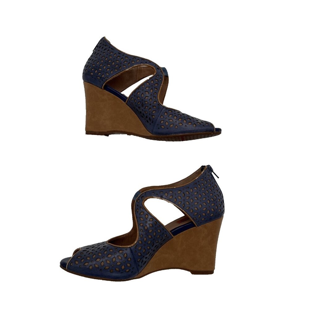 Miz Mooz Tamryn Size 9 Blue Tan Brown Wedge Leather Peep Toe Shoes cut‎ out